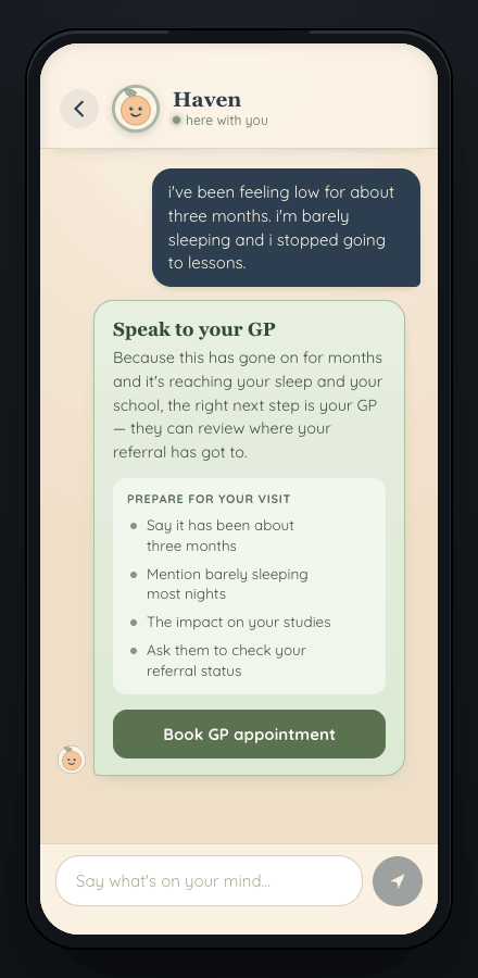 Haven GP routing card with things to say