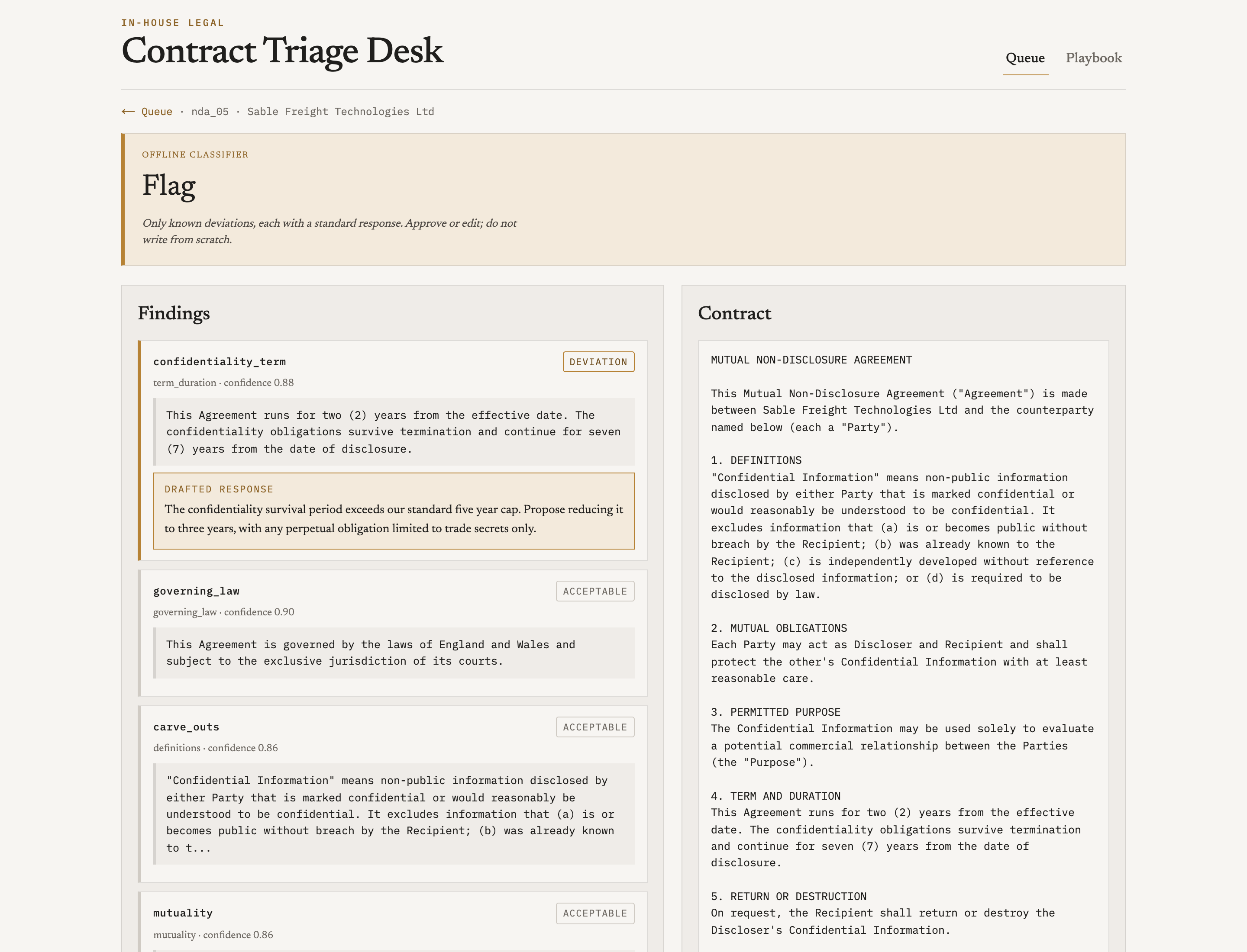 Flagged contract with drafted response for a confidentiality term deviation